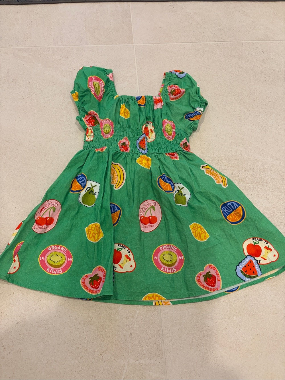 Girls' Green Fruit-Print Cotton Dress with Puff Sleeves
